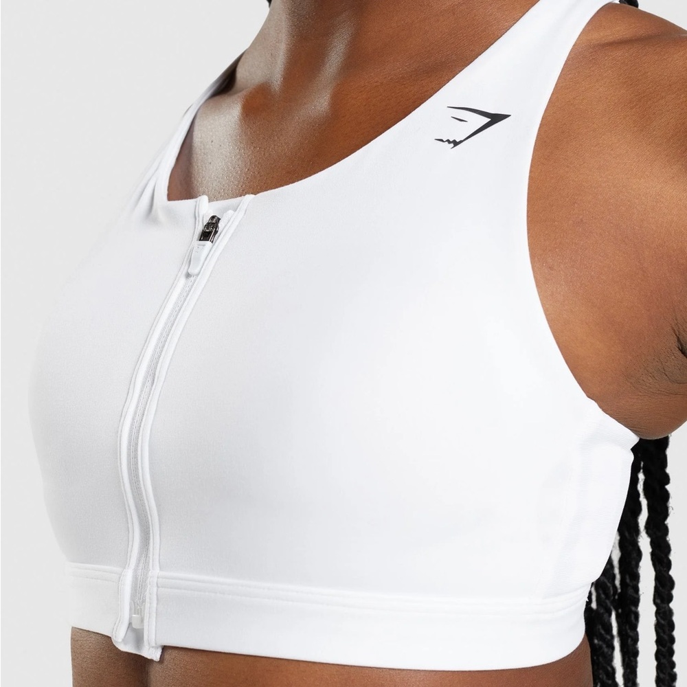 Gymshark White Zip Front Sports Bra XS Athletic Workout Crop Top Activewear - Picture 3 of 13